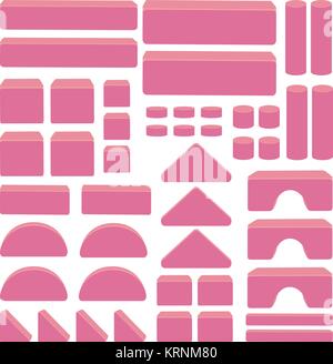 Building toy blocks - pink colored items for educational kids game. Arch, sticks bricks, cubes, figurine for preschool stack tower game. Set of pieces Stock Vector