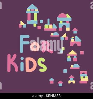 For kids text. Wooden blocks game. Colourful set of bricks and elements for building house tower and castle. Vector flat style illustration isolated o Stock Vector