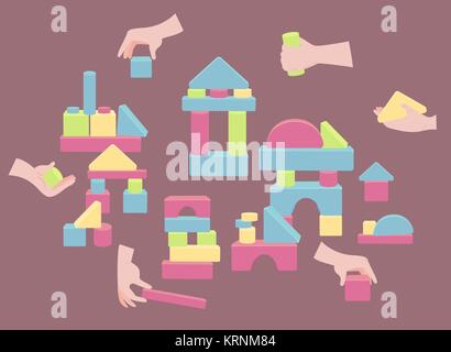Hands holding brick elements for toy. Colorful set of wooden blocks for building game tower castle and house. Coordination for children entertainment. Stock Vector