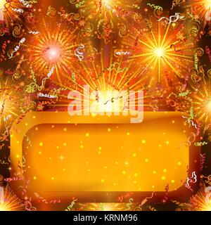 Holiday Background with Orange Colorful Fireworks, Confetti, Streamers and Golden Banner. Eps10, Contains Transparencies. Vector Stock Vector