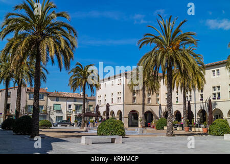 Sunny square with palm trees near Rue Paul Bert in Aigues-Mortes, south France. 2017. Stock Photo