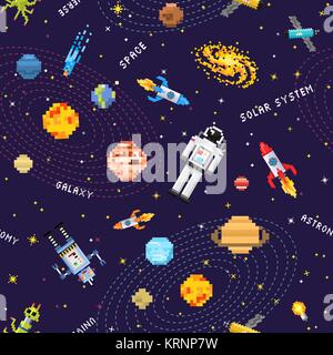space seamless pattern background, alien spaceman, robot rocket and satellite cubes solar system planets pixel art, digital vintage game style. Mercury, Venus, Earth, Mars, Jupiter, Saturn. Stock Vector