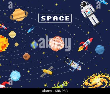 space background, alien spaceman, robot rocket and satellite cubes solar system planets pixel art, digital vintage game style. Mercury, Venus, Earth, Mars, Jupiter, Saturn. Stock Vector