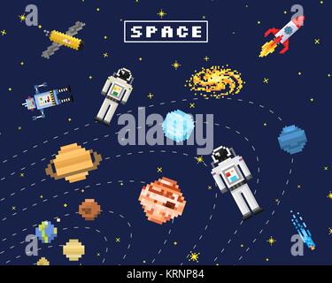 space background, alien spaceman, robot rocket and satellite cubes solar system planets pixel art, digital vintage game style. Mercury, Venus, Earth, Mars, Jupiter, Saturn. Stock Vector