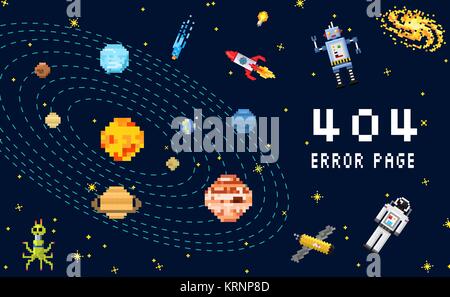 404 error page. not found. space background, spaceman, robot rocket and satellite cubes solar system planets pixel art, digital vintage game style. internet connection problem concept. Stock Vector