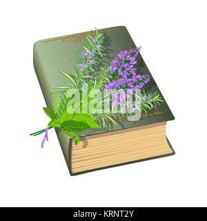Old book with bunch of flowers. Stock Photo
