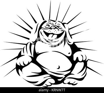 Laughing Bulldog Buddha Sitting Black and White Stock Photo