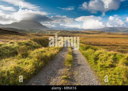 Looking towards Mount Errigal, one of Ireland's most iconic mountains, along a track in bogland near Gort an Choirce, County Donegal, Ireland Stock Photo