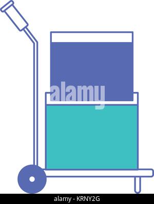 hand truck with cardboard boxes stacked and sealed in blue and purple color sections silhouette Stock Vector