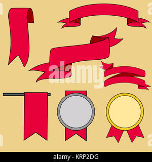 Big red ribbons set, isolated on beige background, vector illustration Stock Photo