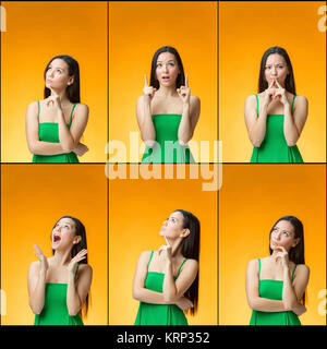 The thinking Chinese girl on yellow background Stock Photo