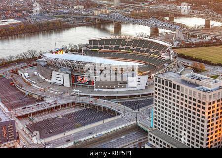 An aerial of Paul Brown Stadium in Cincinnati, home to the Cincinnati Bengels Stock Photo