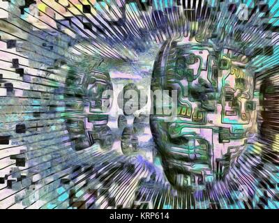 Surreal digital art. Woman's masks with electric circuit hovers in the sky. Stock Photo