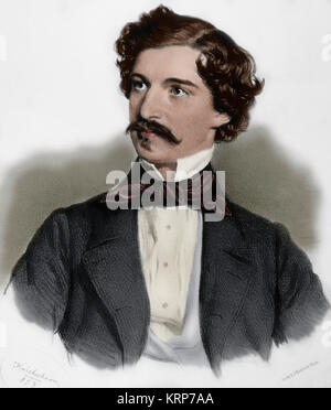 Johann Strauss II (1825-1899). Austrian composer of light music. Portrait. Engraving by Joseph Kriehuber (1800-1876), 1853. Colored. Stock Photo