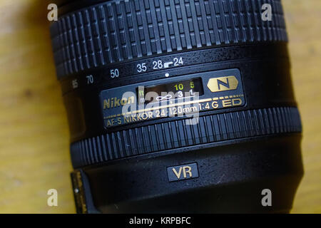 Saigon, Vietnam - Jan 2, 2017. Close-up of Nikon 24-120mm AF-S lens at the shop in Saigon, Vietnam. Stock Photo