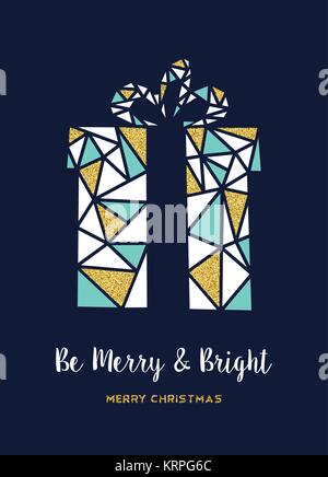 Merry Christmas greeting card illustration, gift box made of gold glitter geometric shapes with happy holiday message. EPS10 vector. Stock Vector