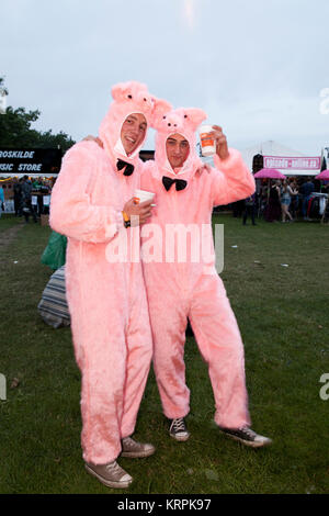 At Roskilde Festival it's tradition that people dress up and disguise in many ways. Here are two guys wear pink pig costumes with bow ties. Denmark 2013. Stock Photo