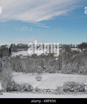 Chedworth village in the december snow. Chedworth, Cotswolds, Gloucestershire, England Stock Photo