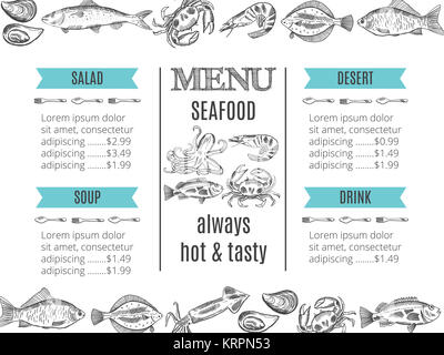 Seafood restaurant menu template with sketch of grilled fish Stock ...