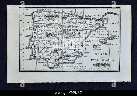 1830 Nathan Hale Map - Spain Portugal - Madrid Lisbon Barcelona Stock Photo