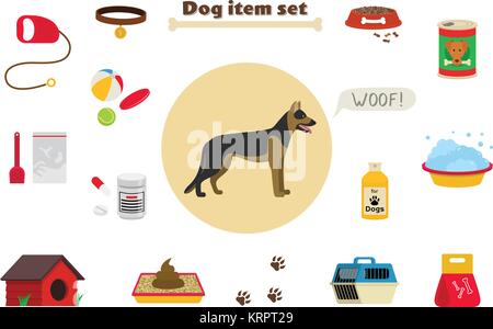 Dog items set care object and stuff. Elements around the dog. Vector cartoon illustration with food, care stuff, kennel, collar, transportation and do Stock Vector