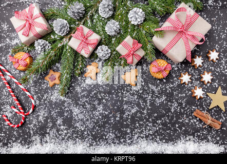 Christmas decoration and food background with snow Stock Photo