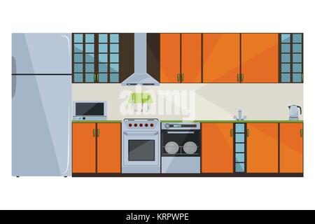 detailed illustration of a fully equipped kitchen in orange Stock Vector