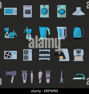 Set of household appliances flat icons on black background Stock Vector