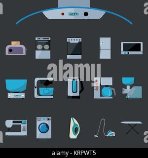 Set of household appliances flat icons on black background Stock Vector