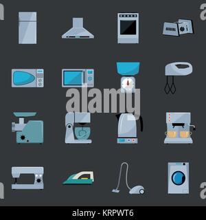 Set of household appliances flat icons on black background Stock Vector