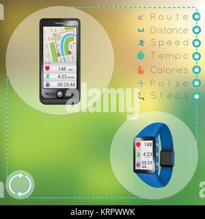 smartphone and smart fitness watch during synchronization Stock Vector