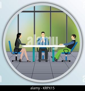 Business people sitting at the negotiating table in the office. Illustration round frame. Stock Vector