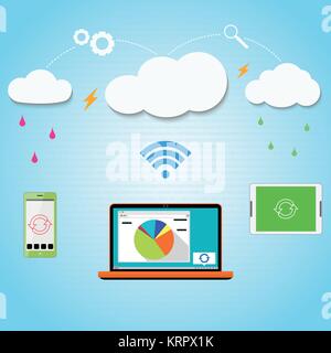 Vector cloud computing to your smartphone, laptop and tablet connected through the clouds together. Blue background with a pattern of zeros and ones.  Stock Vector