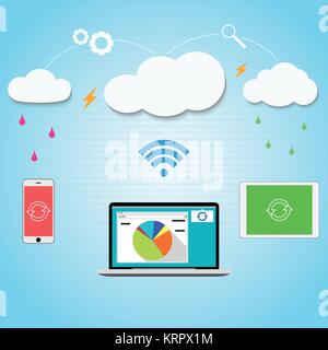 Vector cloud computing to your smartphone, laptop and tablet connected through the clouds together. Blue background with a pattern of zeros and ones.  Stock Vector
