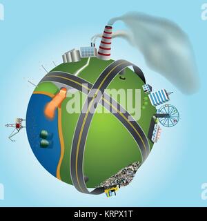 Illustration of global environmental problems, showing types of pollution. Atmospheric pollution air pollution of the seas and oceans by dumping of ga Stock Vector