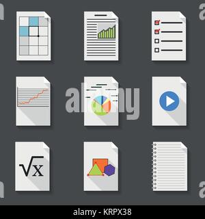 Set of icons of office documents in a flat style on a dark gray background Stock Vector