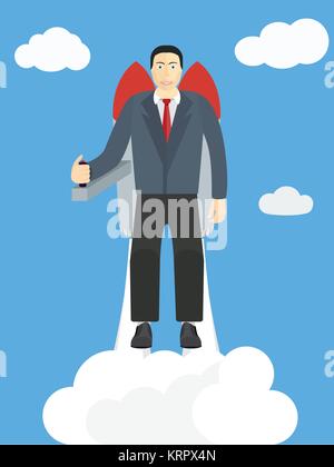 Flying Businessman Cartoon Graphic Design for Business Growth and Start up Isolated on Blue Green Background. Stock Vector