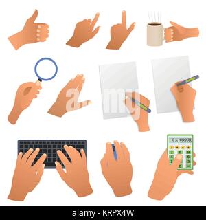 Hands in the office pointing gestures, writing hand, gets text you type, mouse and calculator Hands in the office pointing gestures, writing hand, get Stock Vector