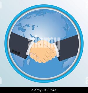 Handshake on the background of the globe. Vector illustration. Stock Vector