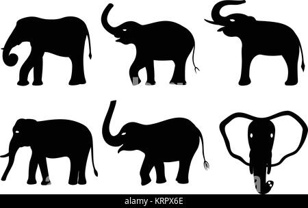 Black silhouettes of elephants isolated on white background Stock Vector