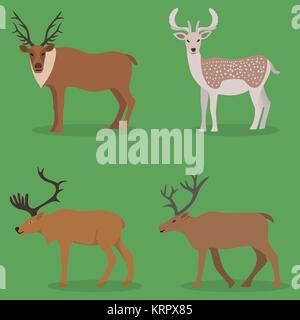 Collection of deer in a flat design - isolated on green background Stock Vector