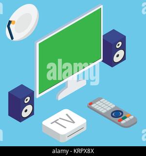 Vector illustration of home theater system with TV and speakers on blue background Stock Vector