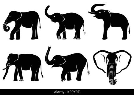 Black silhouettes of elephants isolated on white background Stock Vector