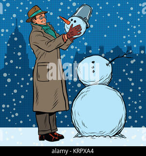 Retro man and snowman Stock Photo