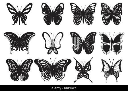 Butterflies, black silhouettes on white background, vector Stock Vector