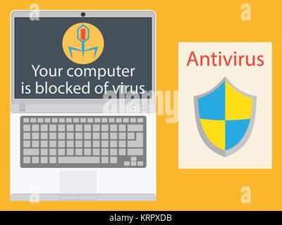 Laptop infected with a virus computer and antivirus - vector illustration on yellow background Stock Vector