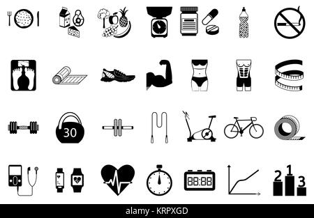 Fitness sport and health silhouette icons set. Isolated on white background Stock Vector