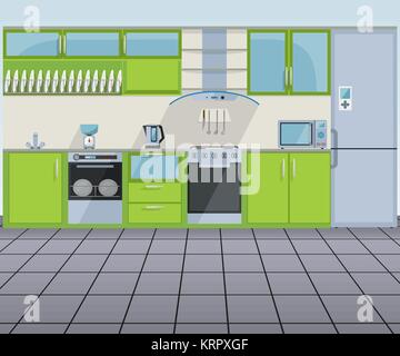 Modern green kitchen interior - vector illustration Stock Vector