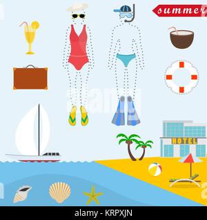 Flat design style vector illustration concept of summer vacation, traveling, tourism, journey, recreation, rest. Summer holiday flat icons set isolate Stock Vector