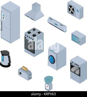 Household appliances isometric icons set with refrigerator, stove, washing machine, dishwasher isolated vector illustration Stock Vector